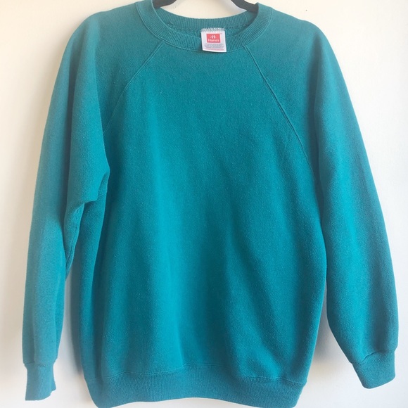 Vintage Style Basic Hanes Teal Fleece Lined Crewneck Sweater - Picture 9 of 9